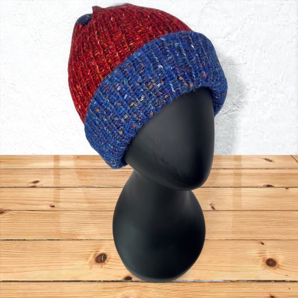Handmade Cotton Alpaca Tweed Knit Blue Denim & Strawberry Red Unisex Beanie - Picture 3 of 10